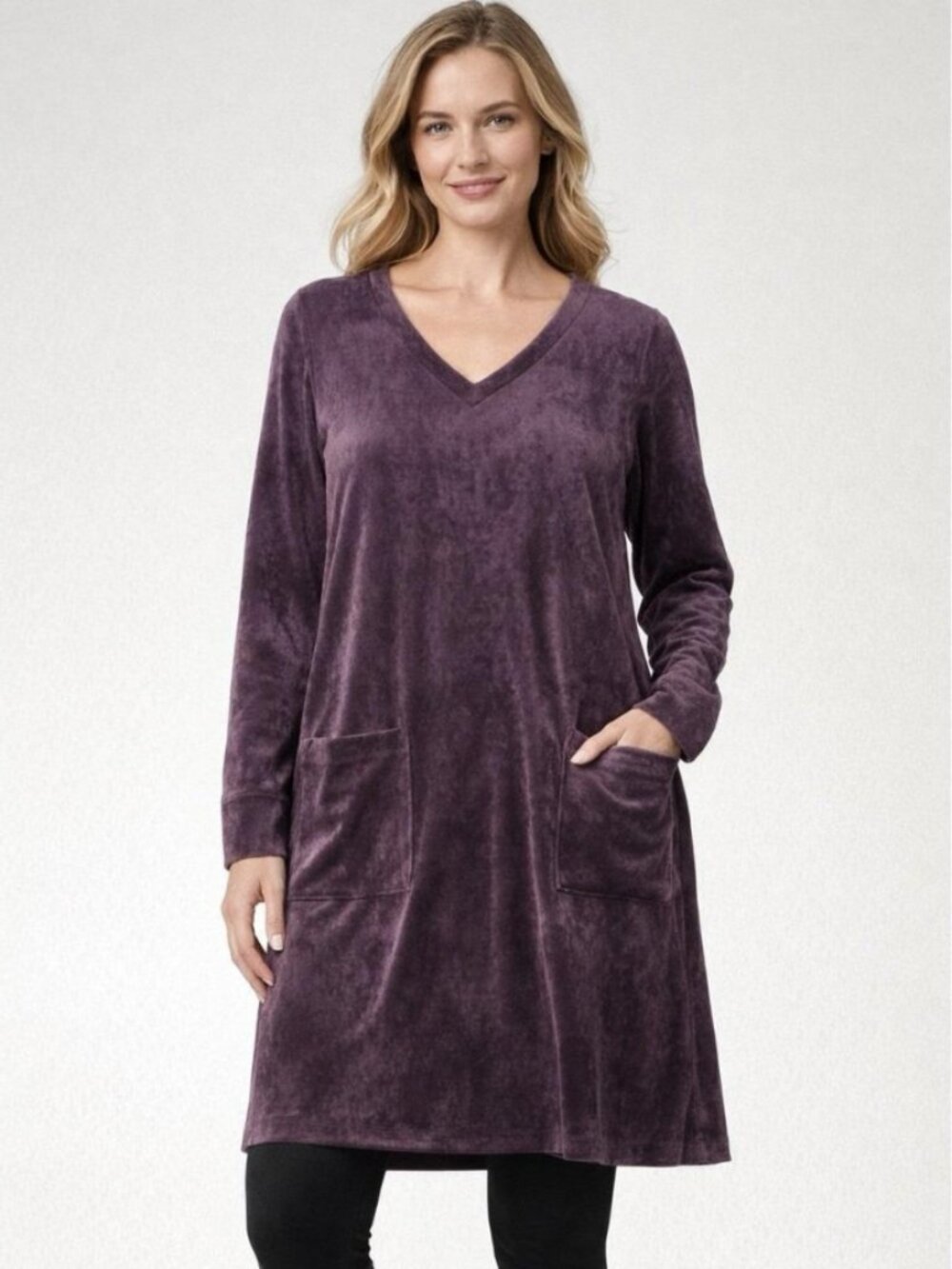 Pure J. Jill Sz S Tunic Dress Stretch Velour Long Sleeve V-neck Pocket Lagenlook